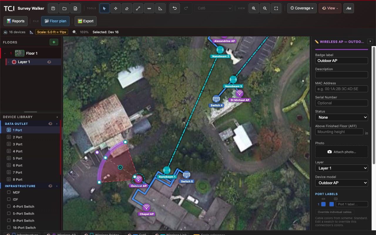 Survey Walker editor showing an aerial floor plan with placed access points, switches, and cable runs
