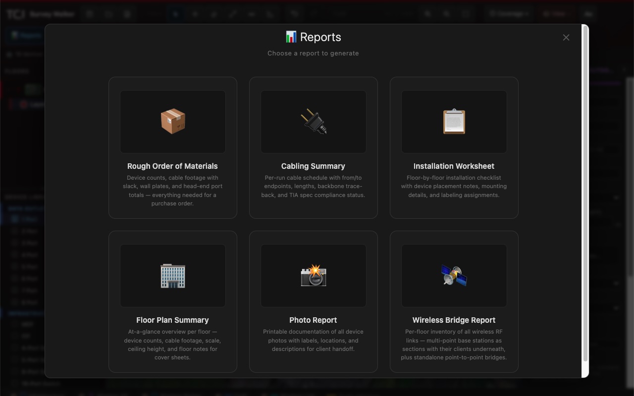 Survey Walker report menu showing rough order of materials, cabling summary, installation worksheet, and more