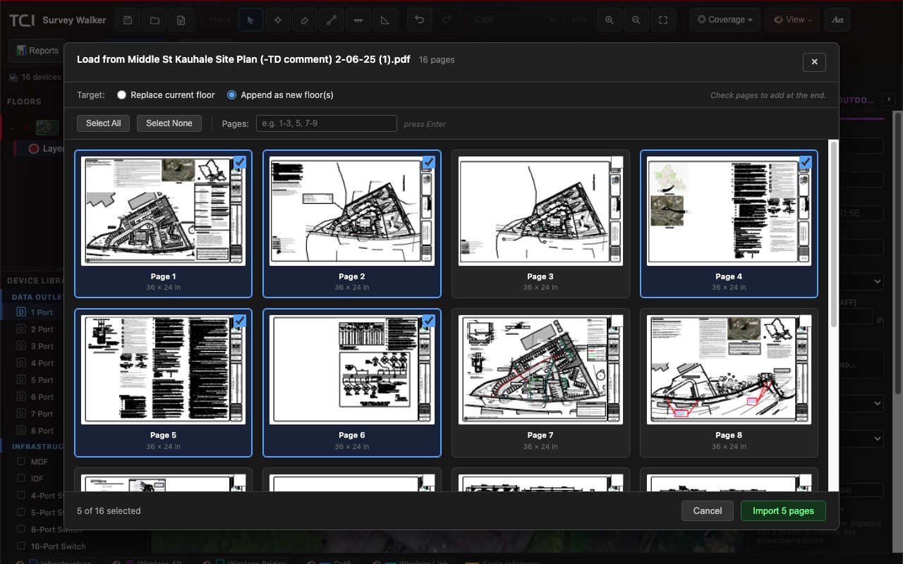 Importing pages from a multi-page PDF site plan as new floors in Survey Walker