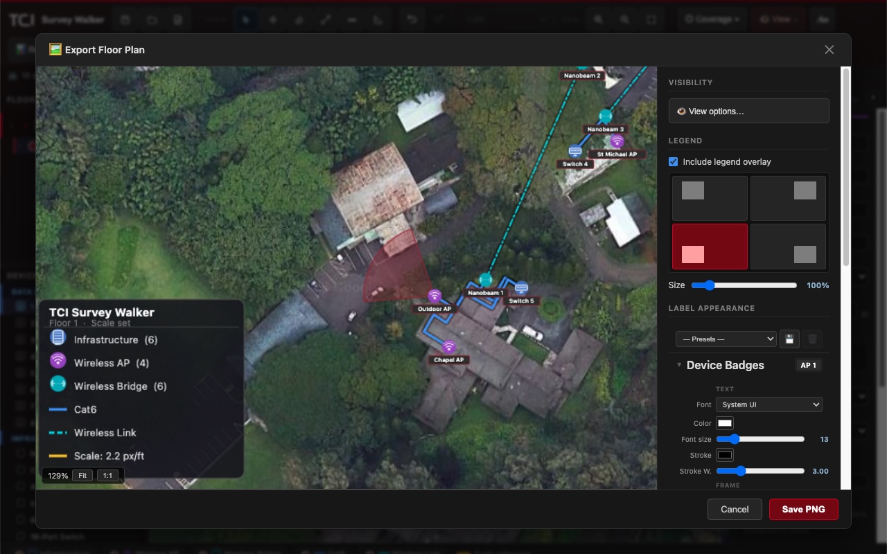 Survey Walker export dialog with a branded legend overlay and label styling, saving the floor plan as a PNG